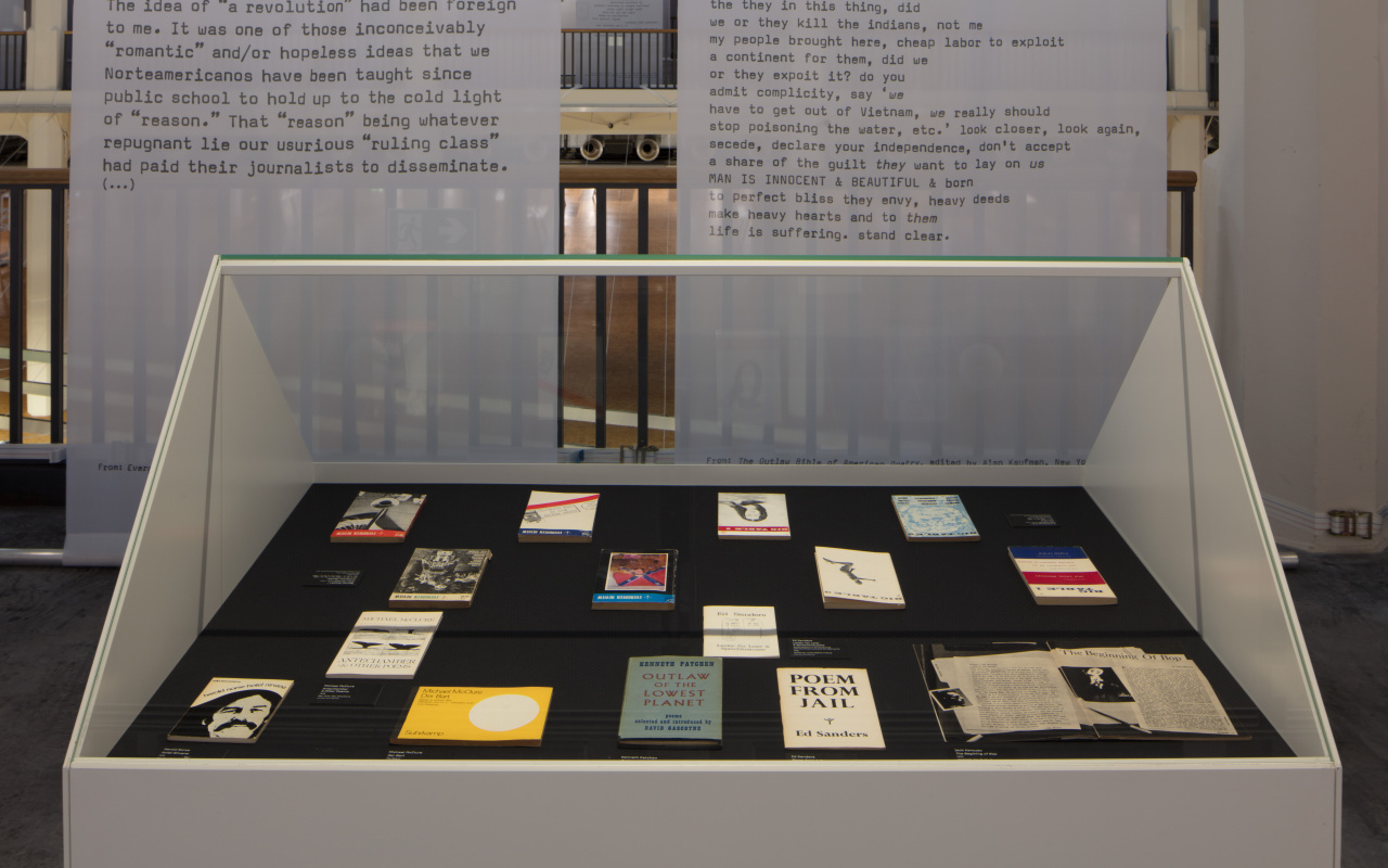 View of a display case in which books are placed