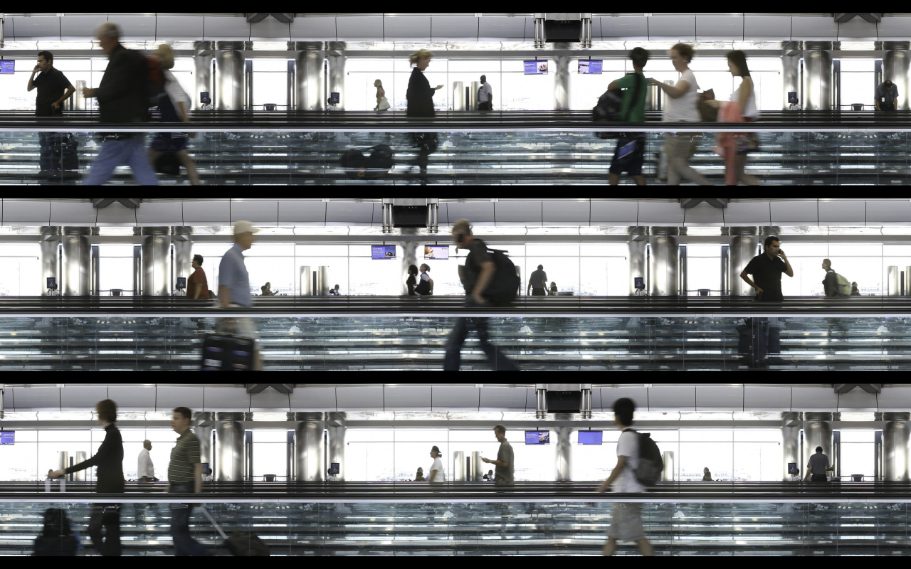 Airport scene, People on runways