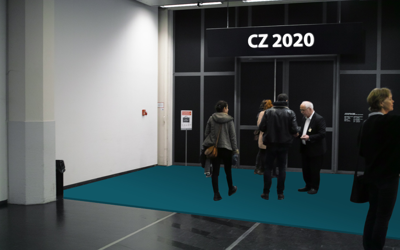 In front of the entrance to the exhibition "Critical Zones" there is a differently coloured floor, which has a different texture than the normal museum floor.