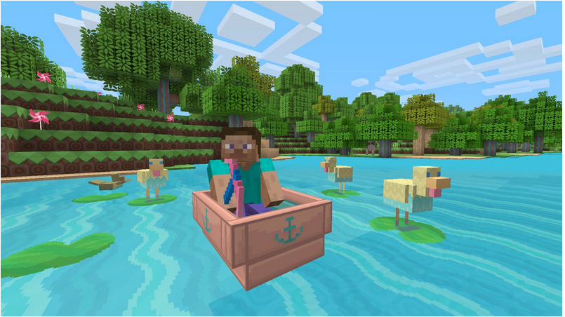 Eine Figur aus wenigen Pixeln sitzt in einem Boot und steuert über einen See