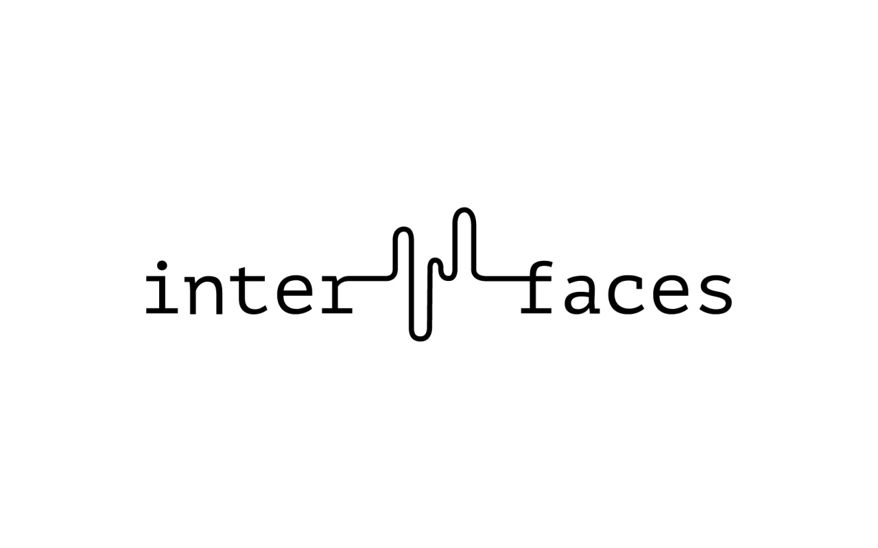 Black lettering of »interfaces« on a white background