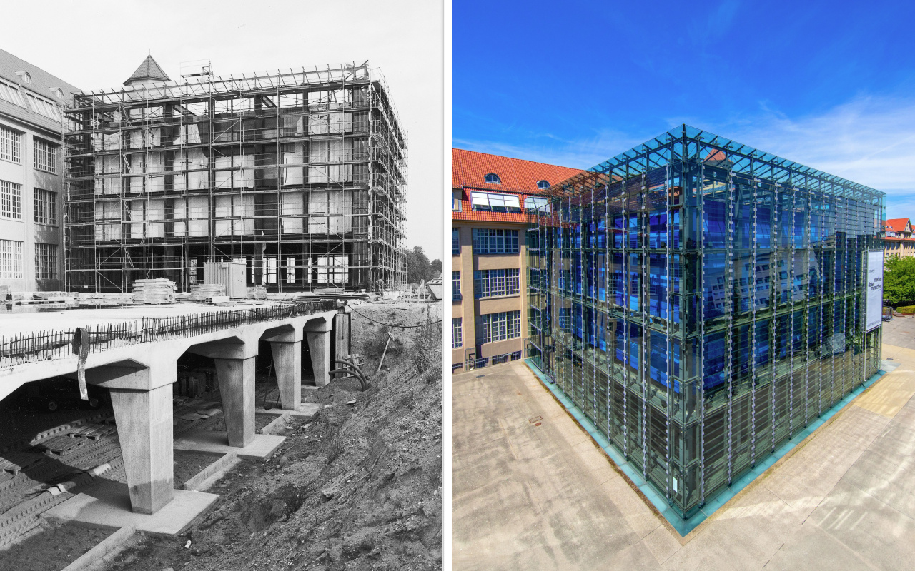 View of the ZKM Cube 30 years ago and nowadays