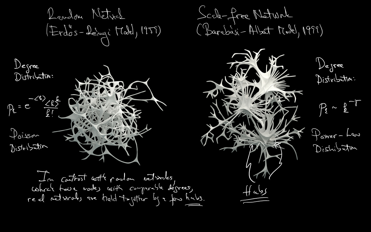 Zwei weiße Grafiken des Erdős-Rényi- und des Barabási-Albert-Netzwerk-Modells mit handschriftlichen Notizen auf schwarzem HIntergrund