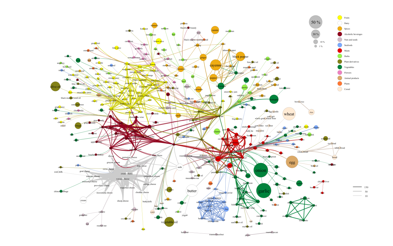 Visualisierung eines Netzwerks verschiedener Essenszutaten in bunten Farben