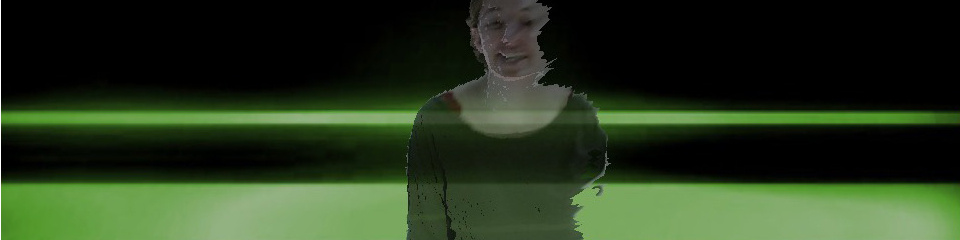 You can see an image of a young woman dissolving at the edges, crossed by horizontal green lines 