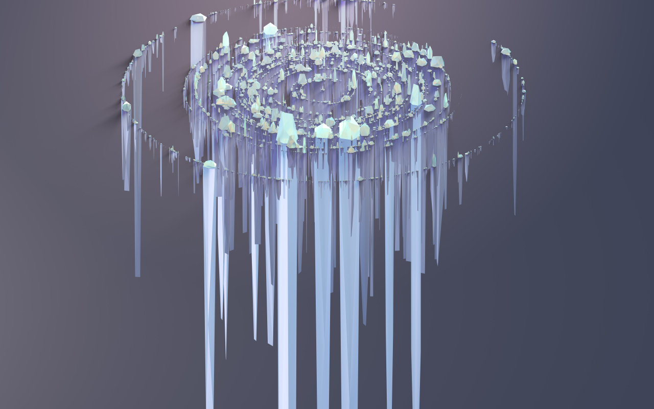 Circular structures floating in empty space that look like icicles in different lengths