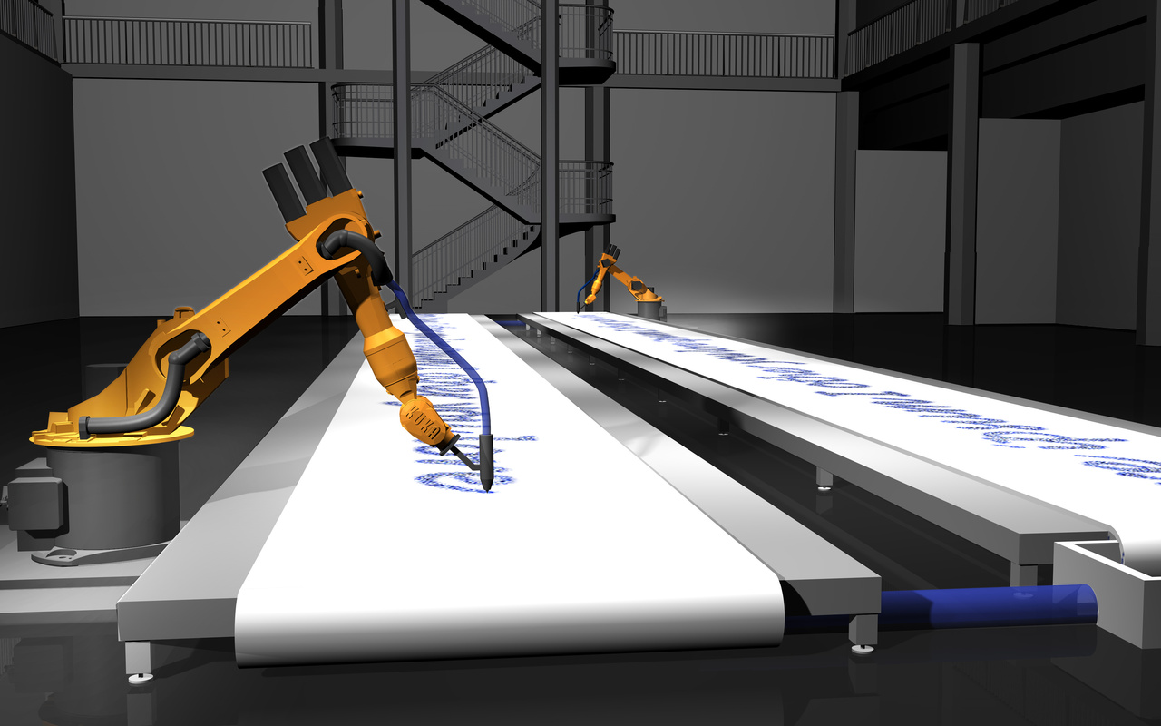 KUKA-Roboter beschreiben ein Papierlaufband.