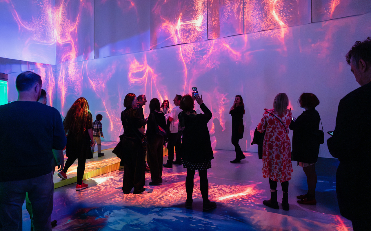 In an illuminated installation, a group of people can be seen.
