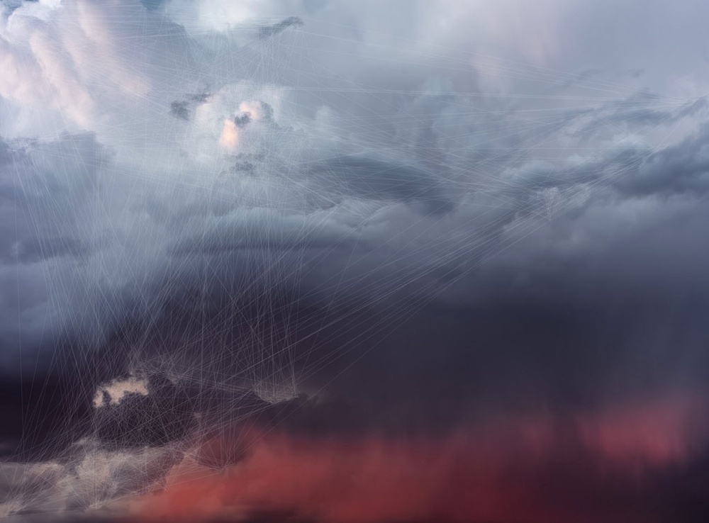 Pink-blue sky with clouds and lines 