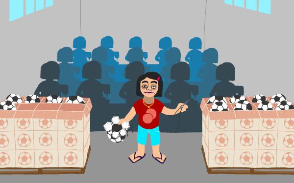 Screenshot aus dem Game »Perfect Woman«; Ein Mädchen näht einen Fußball und viele Näherinnen befinden sich als Schatten hinter ihr.