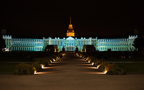 The blue-green Karlsruhe palace facade