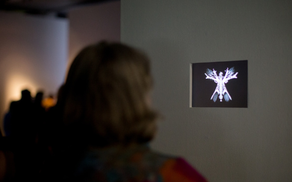 A woman stands in front of a small screen on which an abstract, luminous butterfly can be seen