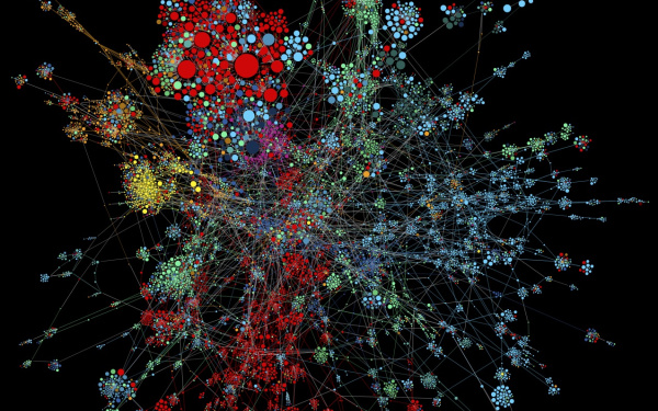 Zu sehen ist eine Visualisierung eines Netzwerkes. Das Netzwerk besteht aus mehreren, farblich gekennzeichneten Gruppierungen.