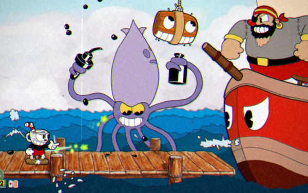 Gezeichnete Computerspiel-Szene einesr Kampfszene mit einem Piraten auf einem Boot