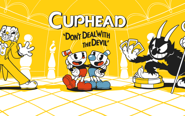Titelbild des Computerspiels Cuphead mit Figuren des Spiels