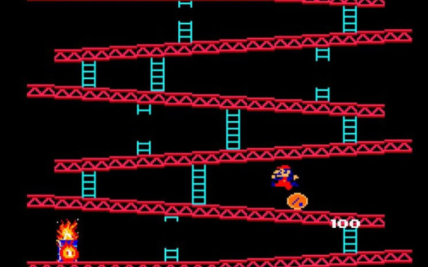Donkey Kong let barrels roll down the levels. Jumpman jumps over the barrels.