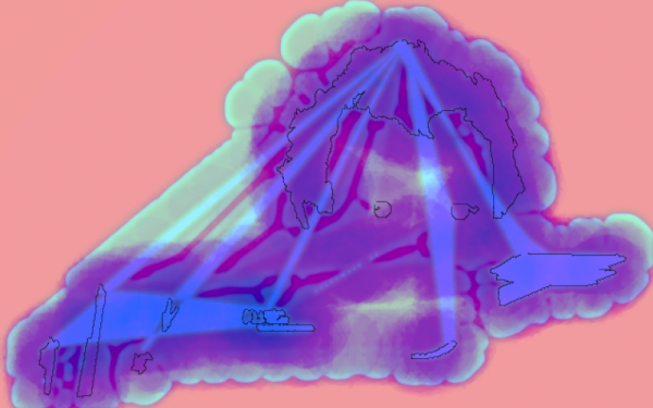 You can see a graphic with a pink background. On this background there is a mint coloured cloud. In this a dark blue/purple shadow spreads. A head shape can be recognized.