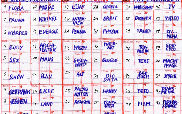 Handwritten systematics by Gerhard Johann Lischka, blue writing on red grid