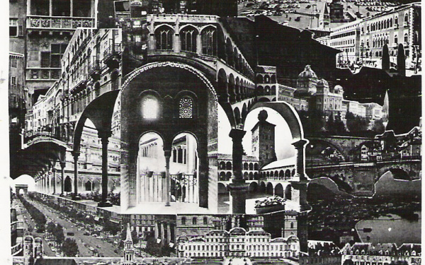 Schwarz-weiße Grafik aus Archiv Gerhard Johann Lischka, Collage verschiedener Paläste