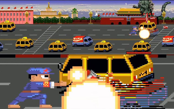 Eine überdimensionaler Pixelsoldat der Roten Armee läuft über eine Straße und zerstört Autos.