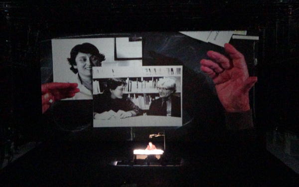 A photo on a large canvas showing Lynn Margulis and James Lovelock