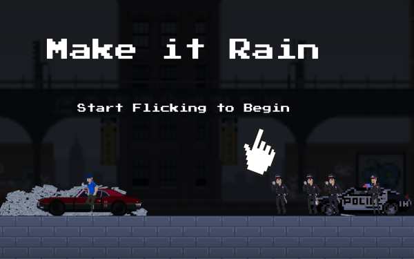 On the left side is a man leaning on a car with a pile of cash. On the right a group of police man. A hand shows the gesture to start the game.