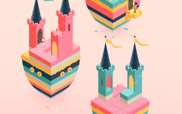 Darstellung schwebender Burgen vor rosanem Hintergrund