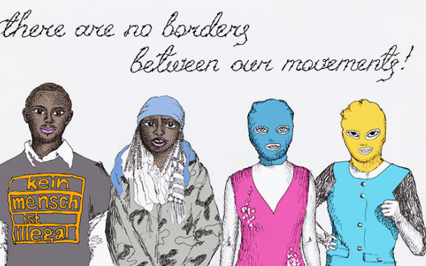 Eine Zeichnung von vier Menschen mit unterschiedlicher Hautfarbe, zwei von ihnen tragen bunte Kopfmasken