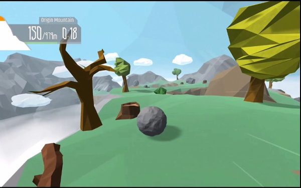 Screenshot »Sisyfox« einer rollenden Steinkugel durch eine Landschaft