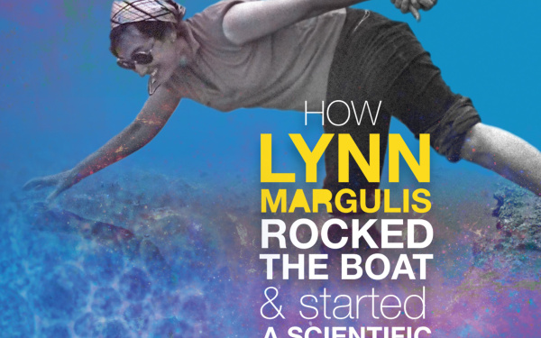The poster of the film Symbiotic Earth shows Lynn Margulis with one hand and one leg in the water, with the other leg on the ground and with the other hand holding a strange hand