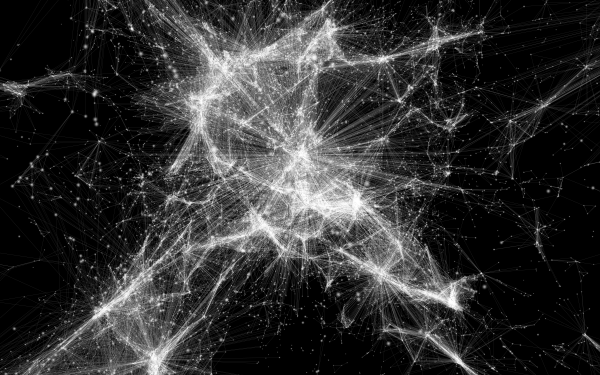 Zu sehen ist eine Visualisierung eines Netzwerkes. Es sieht aus wie ein Spinnennetz.