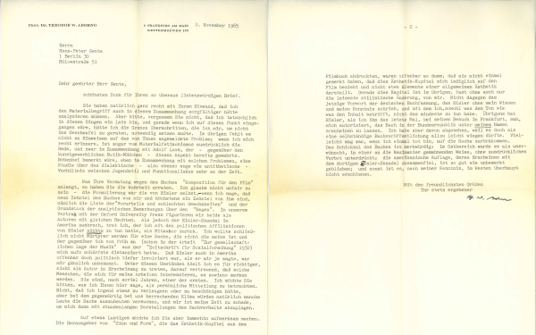 Brief von Theodor W. Adorno an Peter Gente, 2.11.1965.
