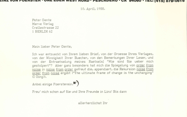 Brief von Heinz von Foerster an den Merve Verlag, 10.4.1988.
