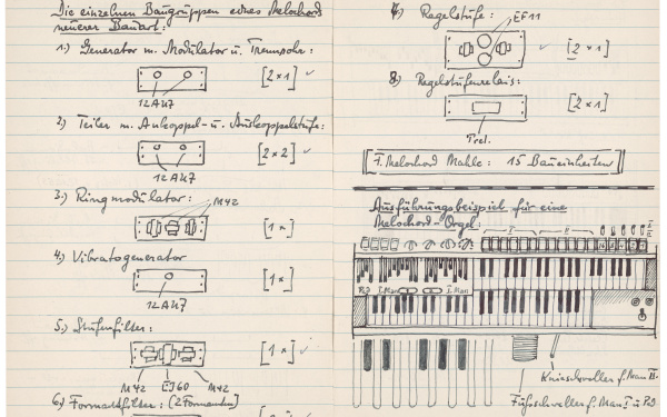 Excerpts from the notebooks of Harald Bode with sketches and drawings.