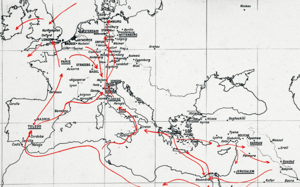 Karte Europas und Nordafrikas mit roten Pfeilen.