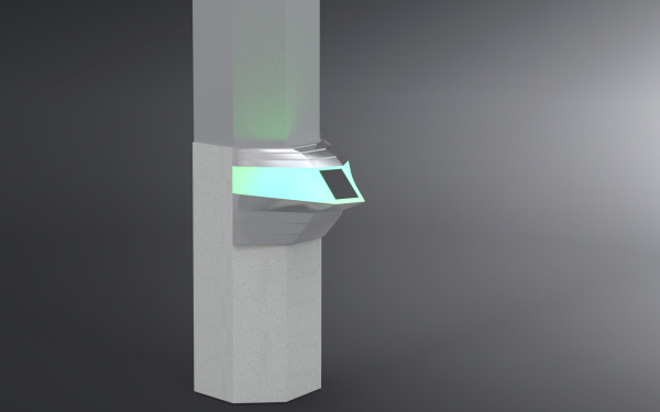 Construction drawing of the chatbot unit: Silver with turquoise glowing unit.