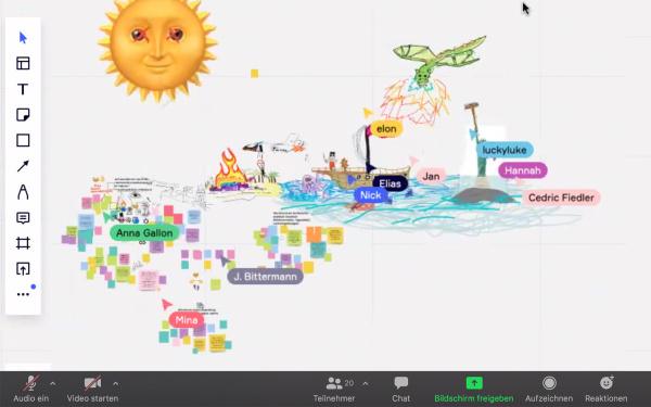 Screenshot of an online creative workshop where ideas are collected with Post-Its and colorful drawings.The picture was created as part of the Cultural Academy Baden-Württemberg 2020/21.