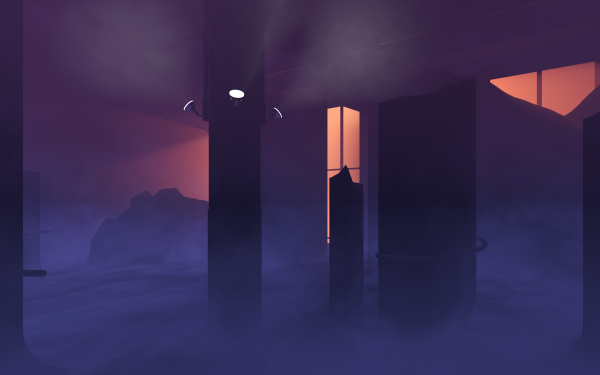 A rendered graphic in purple shades, it shows a shady rock landscape inside a building.