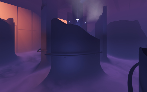 A rendered graphic in purple shades, it shows a shady rock landscape inside a building.