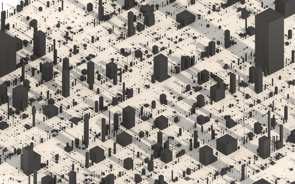 Graue Quader in verschiedenen Größen auf ebener Fläche. Sie sehen aus wie eine Stadt aus Hochhäusern.
