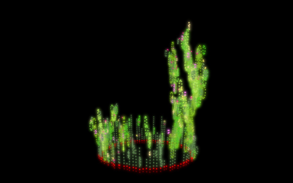 Neongrüne Leuchtsäulen, kreisförmig angeordnet. Sie sehen aus wie ein Kaktus.