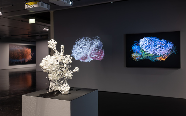 In the foreground is a medium-sized sculpture showing a network with many nodes. Behind her are projections of networks in the form of a mouse brain.