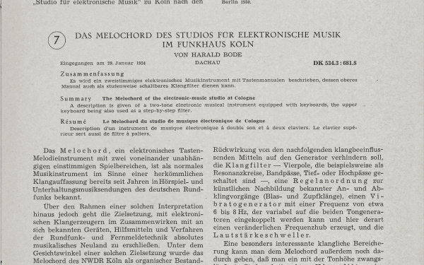 Harald Bode: »Das Melochord des Studios für elektronische Musik im Funkhaus Köln« (1954)