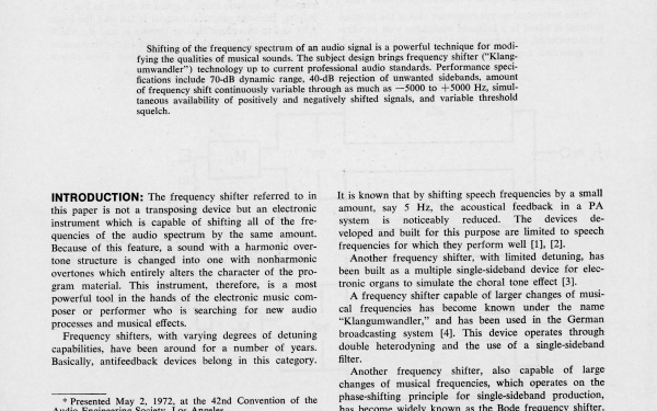 Harald Bode und Robert Moog: »A High-Accuracy Frequency Shifter for Professinal audio Applications [Ein hochpräziser Klangumwandler für professionelle Audioanwendungen]« (1972)