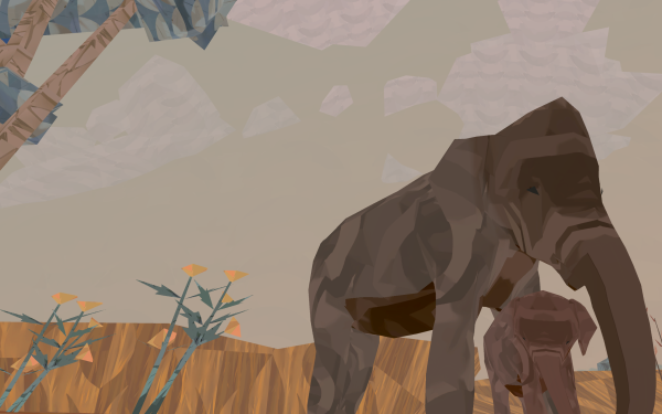 Screenshot of the game »Shelter 3« by Might and Delight from 2020. You can see a drawn steppe landscape. An elephant cow is protecting a cub. 