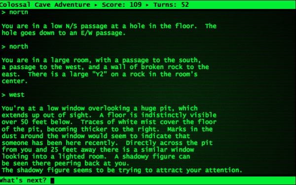 Bildschirmaufnahme des Textabenteuers »Colossal Cave Adventure« von Will Crowther und später Don Woods aus dem Jahr 1977. 