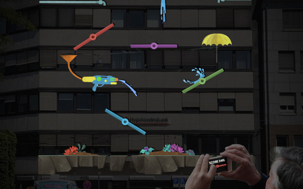 A huge projection shows individual fab elements distributed: a long faucet, a water gun with funnel, an umbrella.