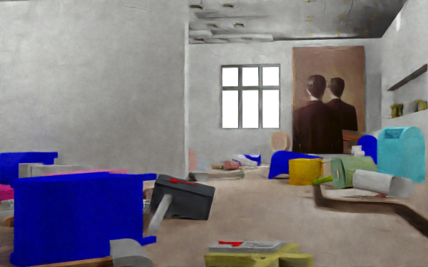 Standbild des Werks »Homeschool« von Simone C. Niquille / Technoflesh, gemalter grauer Innenraum in dem diversen bunte Gegenstände liegen