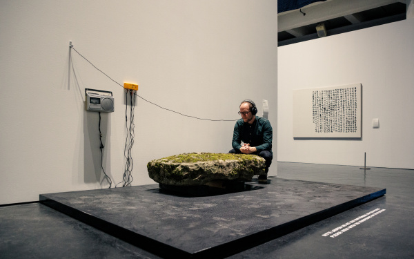 You can see a person sitting in front of a stone overgrown with moss and looking at it.