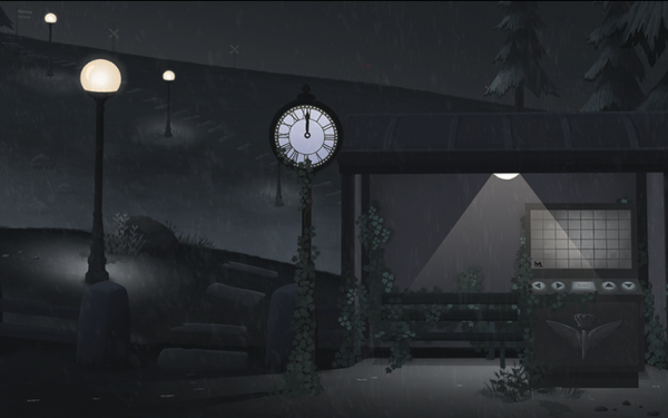 Illustration of a bus stop in the dark in the rain